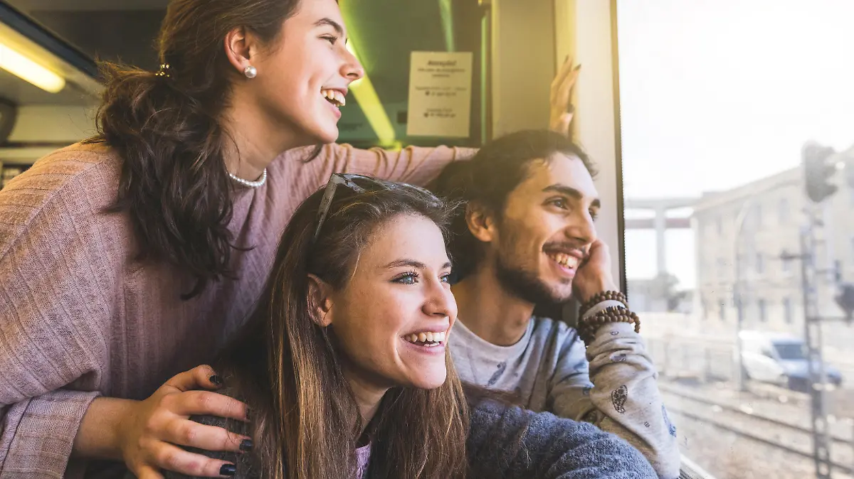 Freundsgruppe in Deutscher Bahn im Urlaub.