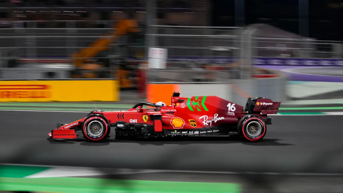 Ferrari driver Charles Leclerc of Monaco in action during practice session for the Saudi Arabian Grand Prix in Jiddah, Friday, Dec. 3, 2021. (AP Photo/Hassan Ammar)