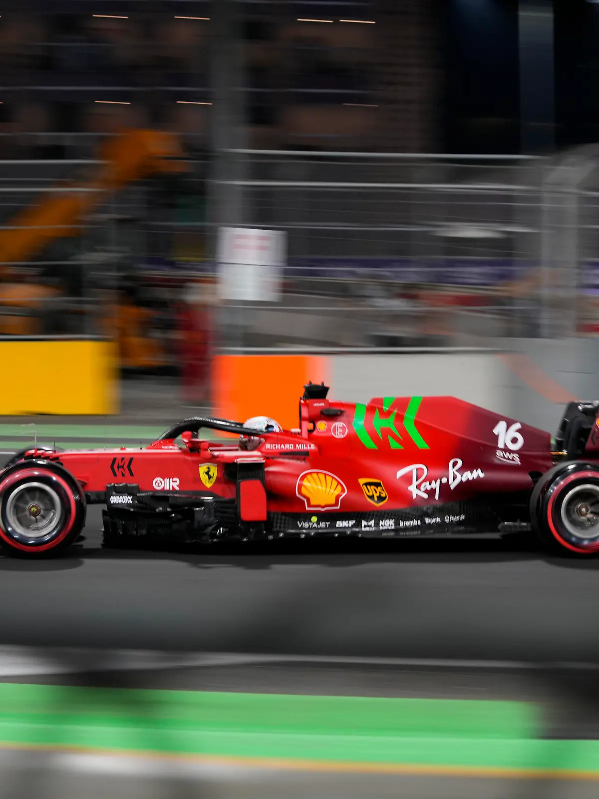 Ferrari driver Charles Leclerc of Monaco in action during practice session for the Saudi Arabian Grand Prix in Jiddah, Friday, Dec. 3, 2021. (AP Photo/Hassan Ammar)