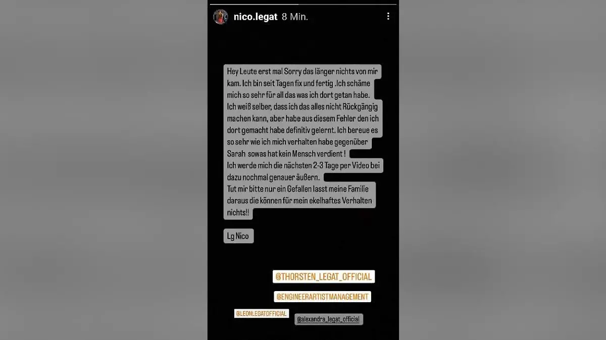"Temptation Island"-Kandidat Nico Legat meldet sich reumütig auf Instagram