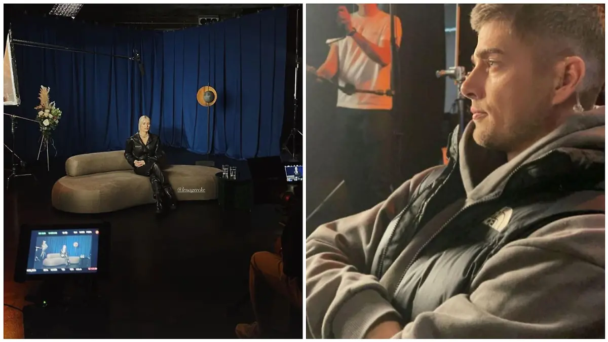 Lena sitzt vor der Kamera, während Freund Dustin alles vom Regisseurstuhl beobachtet.