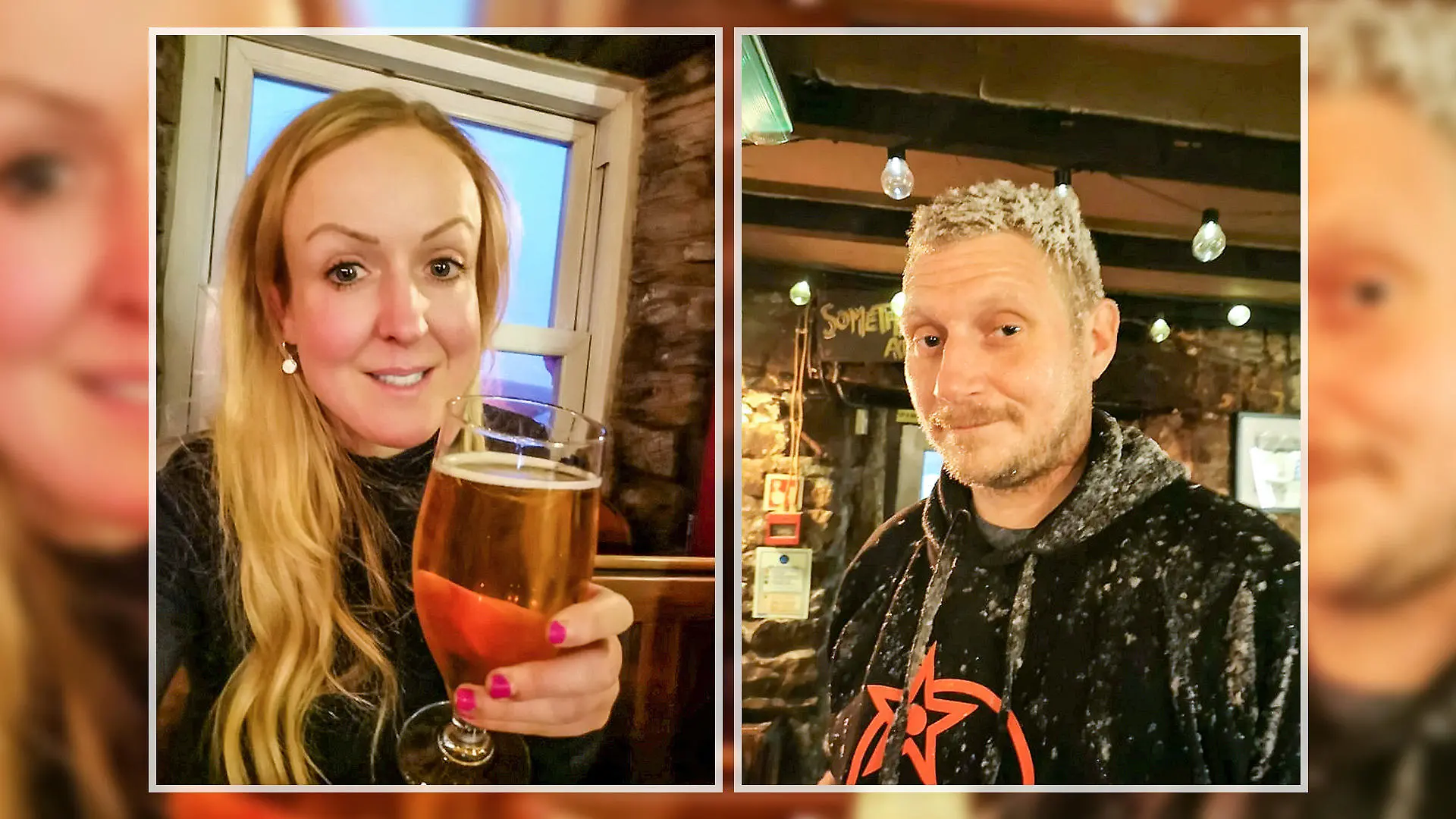 Eine Frau hält ein Bier in die Kamera, ein Mann in einem Pub.