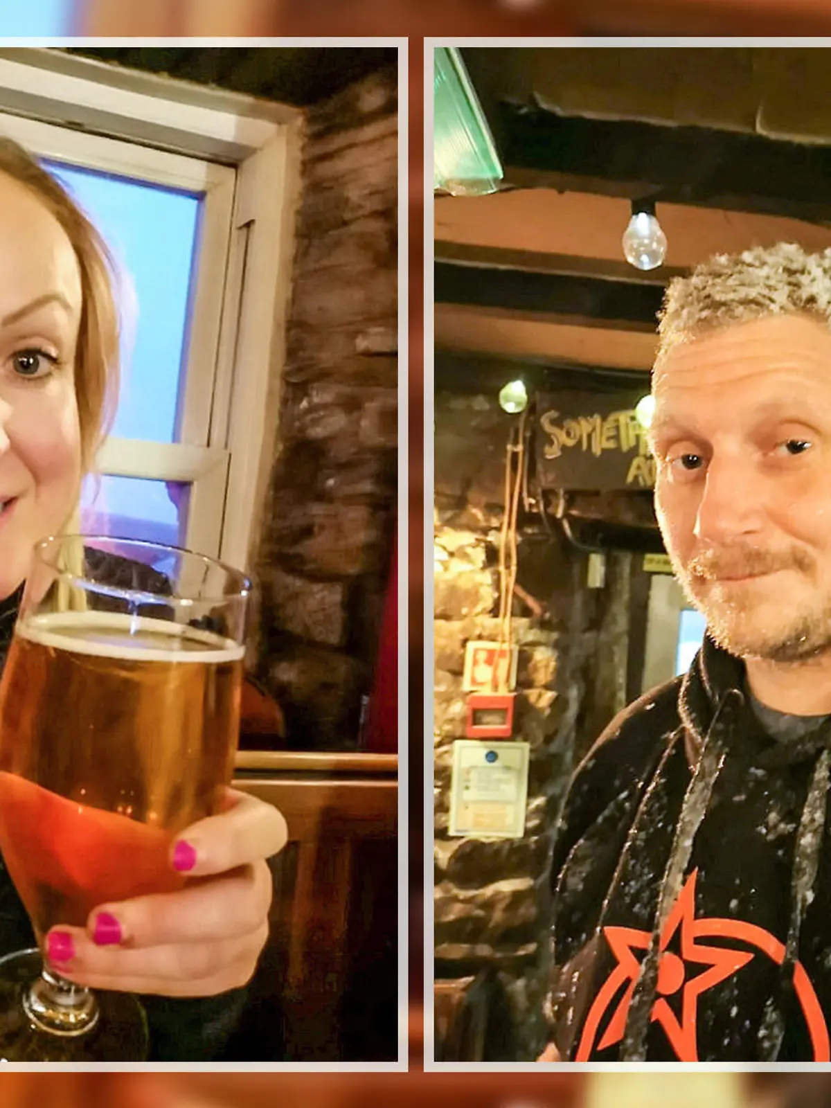 Eine Frau hält ein Bier in die Kamera, ein Mann in einem Pub.