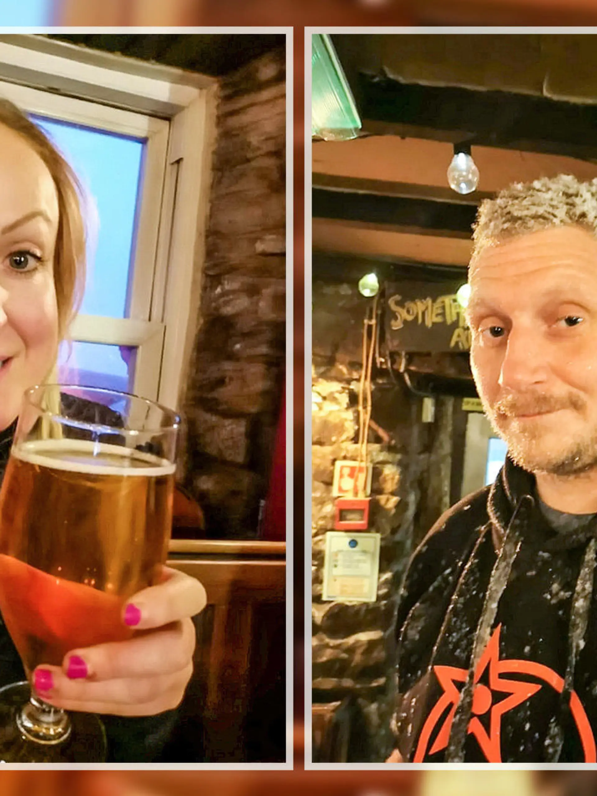 Eine Frau hält ein Bier in die Kamera, ein Mann in einem Pub.