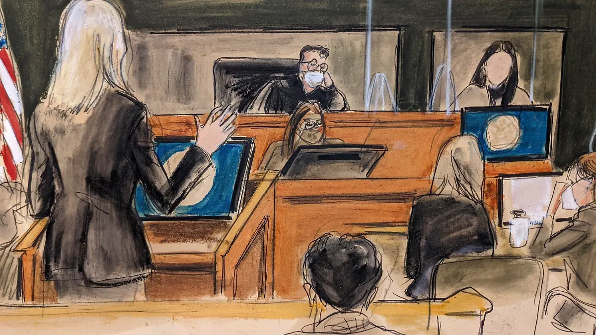 30.11.2021, USA, New York: In dieser Skizze aus dem Gerichtssaal nimmt Ghislaine Maxwells Verteidigerin Laura Menninger, links, eine Zeugin ins Kreuzverhör, die das Pseudonym "Jane" benutzt, am Dienstag, 30. November 2021, in New York. Die Frau sagte aus, dass sie im Alter von 14 Jahren wiederholt sexuellen Kontakt mit dem in Ungnade gefallenen Finanzier Jeffrey Epstein hatte und dass Maxwell dabei war, als es geschah. Foto: Elizabeth Williams/AP/dpa +++ dpa-Bildfunk +++