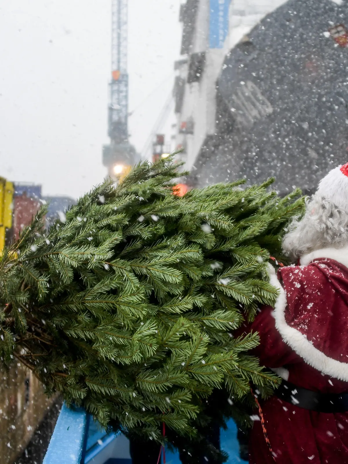 Ein Weihnachtsmann überreicht am 08.12.2017 in Hamburg der Besatzung des Einsatzgruppenversorgers "Berlin" der Bundeswehr einen Weihnachtsbaum. Traditionell werden in jedem Jahr Weihnachtsbäume für die Schiffe im Hamburger Hafen verschenkt. Foto: Axel Heimken/dpa +++(c) dpa - Bildfunk+++