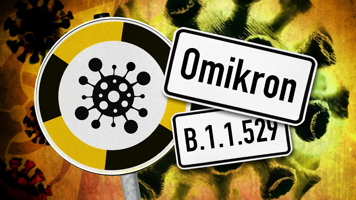  FOTOMONTAGE, Coronavirus und Warnschild, Symbolfoto Omikron-Variante B.1.1.529 *** PHOTOMONTAGE, coronavirus and warning sign, symbol photo Omikron variant B 1 1 529