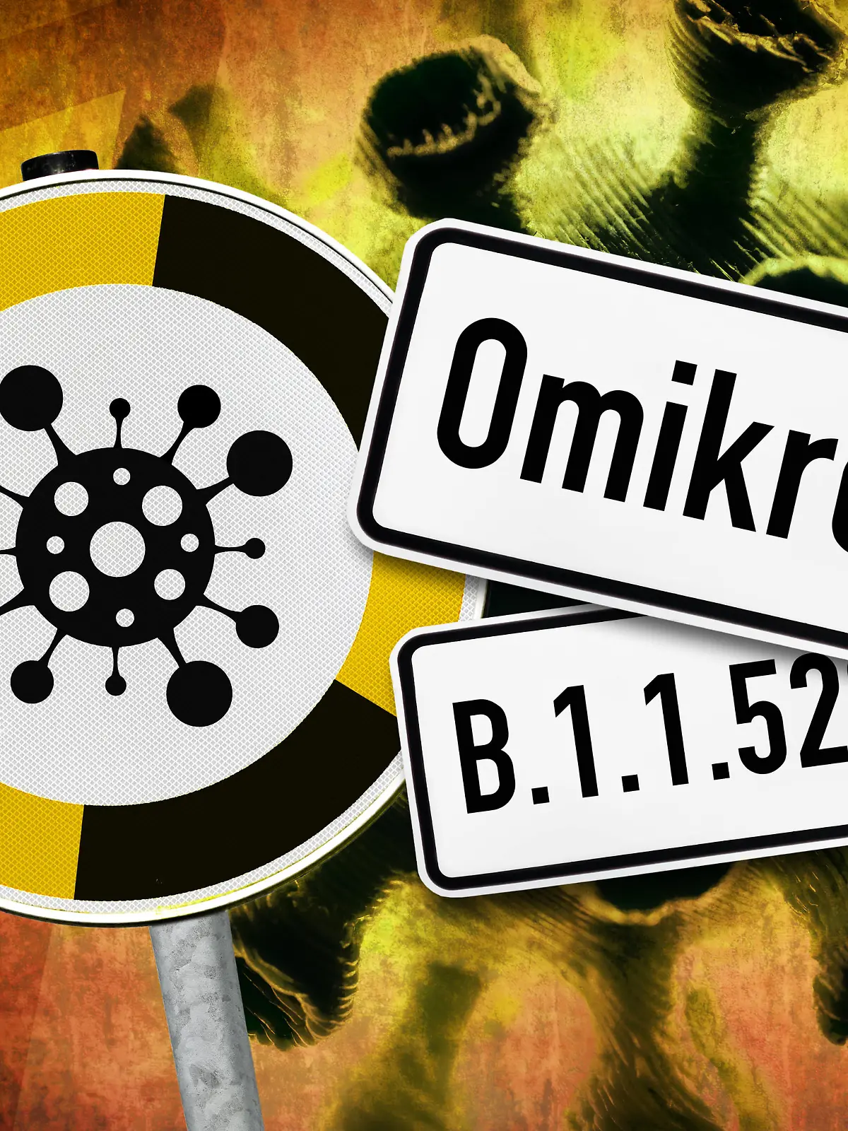  FOTOMONTAGE, Coronavirus und Warnschild, Symbolfoto Omikron-Variante B.1.1.529 *** PHOTOMONTAGE, coronavirus and warning sign, symbol photo Omikron variant B 1 1 529