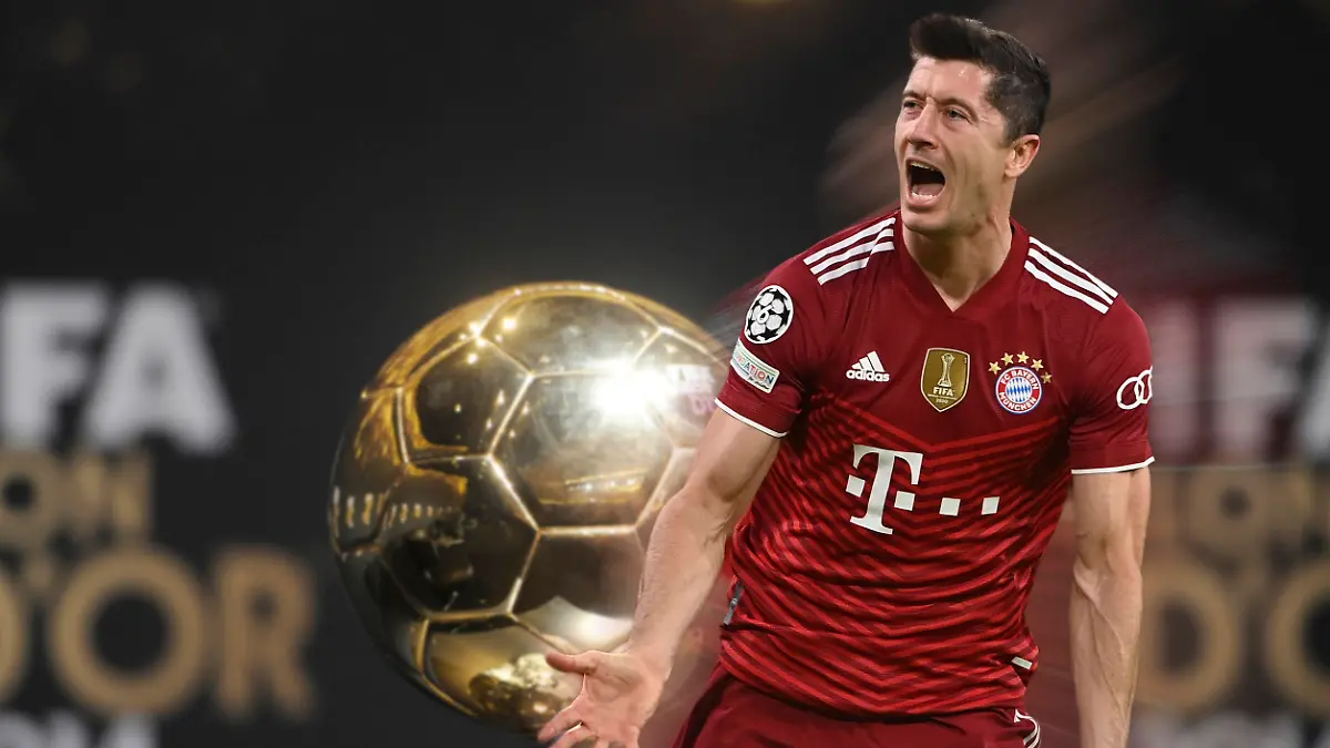 FOTOMONTAGE: Robert LEWANDOWSKI (Bayern Muenchen) ist einer der aussichtsreichen Kandidaten fuer die Auszeichnung Ballon D' OR 2021. Archivfoto: Sachaufnahme der Trophaee,Goldener Fussball ,Weltfussballer,Spieler des Jahres,World player of the year, FIFA BALLON D`OR 2014 Auszeichnung fuer die besten Fussballspieler und -trainer des Jahres 2014 am 12.01.2015 im Kongresshaus in Zuerich. Â
