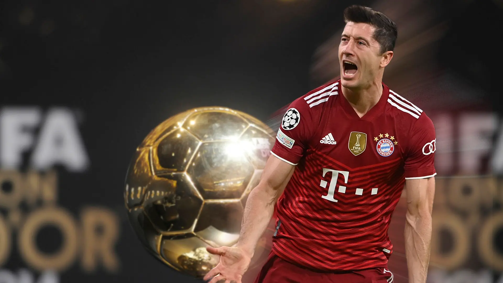 FOTOMONTAGE: Robert LEWANDOWSKI (Bayern Muenchen) ist einer der aussichtsreichen Kandidaten fuer die Auszeichnung Ballon D' OR 2021. Archivfoto: Sachaufnahme der Trophaee,Goldener Fussball ,Weltfussballer,Spieler des Jahres,World player of the year, FIFA BALLON D`OR 2014 Auszeichnung fuer die besten Fussballspieler und -trainer des Jahres 2014 am 12.01.2015 im Kongresshaus in Zuerich. Â