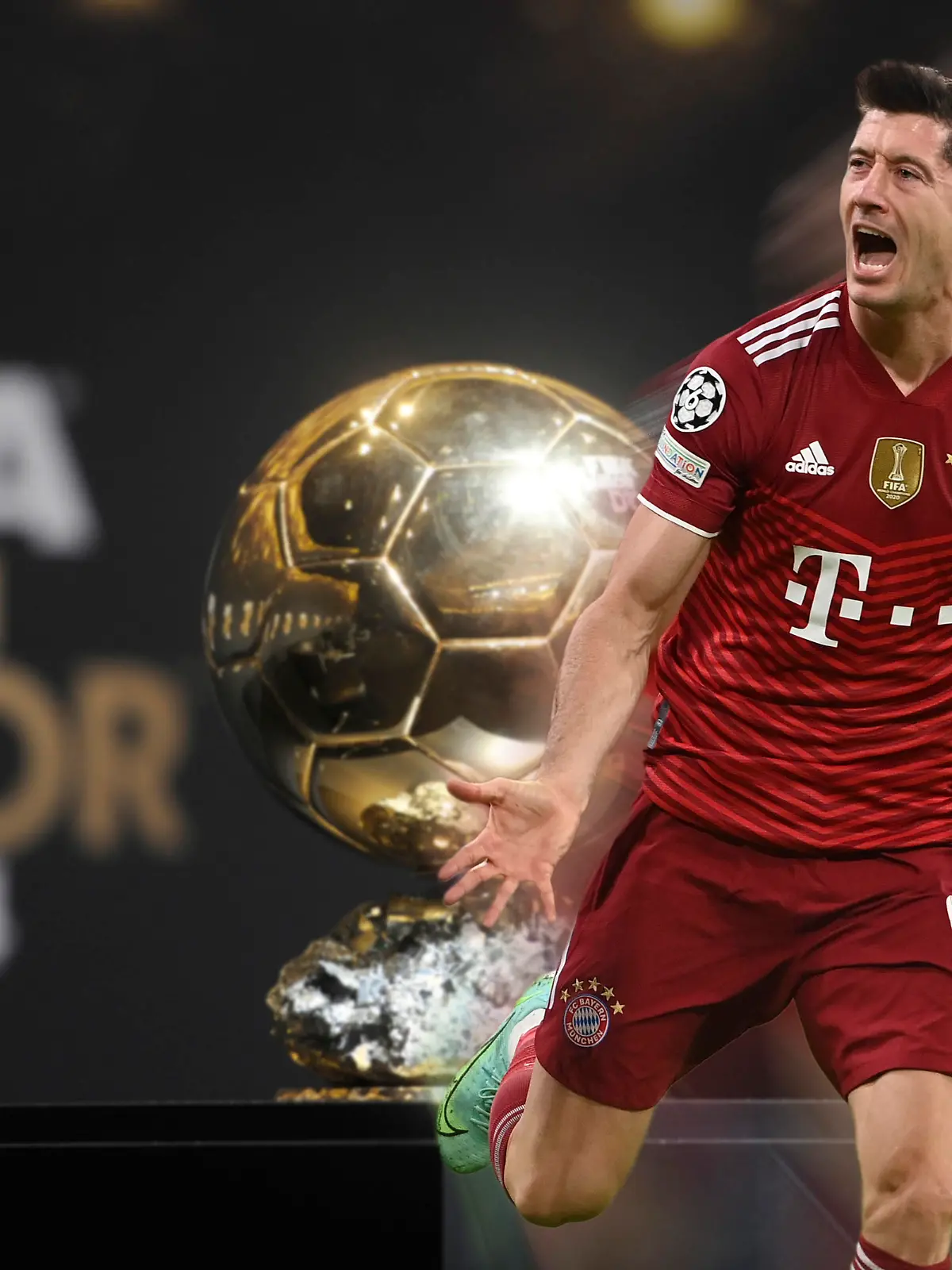 FOTOMONTAGE: Robert LEWANDOWSKI (Bayern Muenchen) ist einer der aussichtsreichen Kandidaten fuer die Auszeichnung Ballon D' OR 2021. Archivfoto: Sachaufnahme der Trophaee,Goldener Fussball ,Weltfussballer,Spieler des Jahres,World player of the year, FIFA BALLON D`OR 2014 Auszeichnung fuer die besten Fussballspieler und -trainer des Jahres 2014 am 12.01.2015 im Kongresshaus in Zuerich. Â