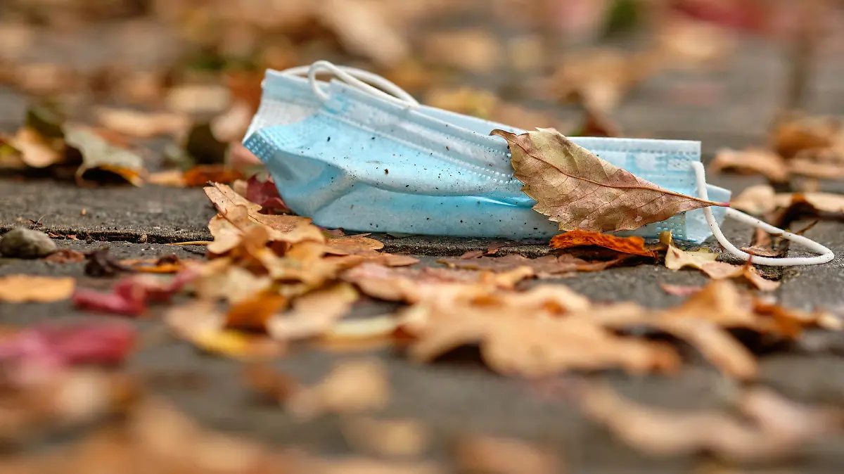 A thrown away dirty disposable face mask lying on the pavement under autumn leaves. Seen in Germany in October during corona crisis.