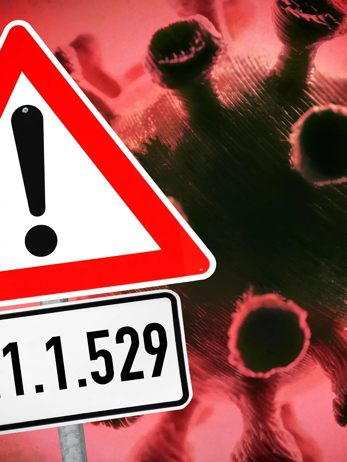 FOTOMONTAGE, Coronavirus und Warnschild, Symbolfoto Omikron-Variante B.1.1.529 *** PHOTOMONTAGE, coronavirus and warning sign, symbol photo Omikron variant B 1 1 529