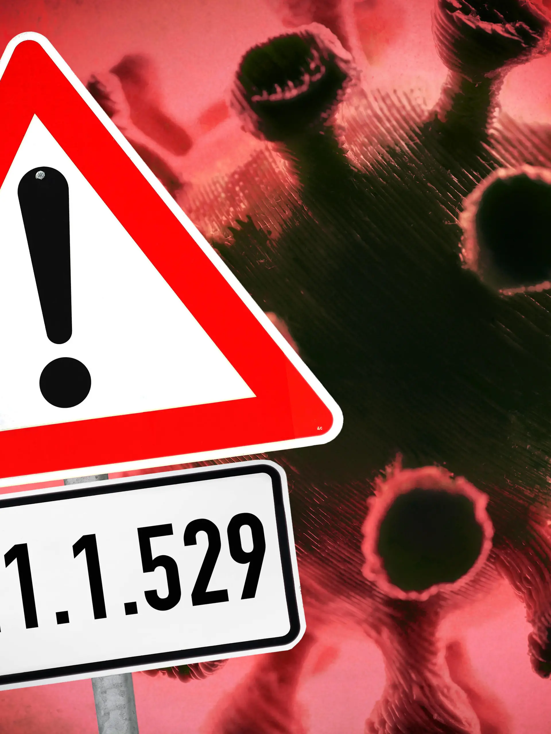  FOTOMONTAGE, Coronavirus und Warnschild, Symbolfoto Omikron-Variante B.1.1.529 *** PHOTOMONTAGE, coronavirus and warning sign, symbol photo Omikron variant B 1 1 529