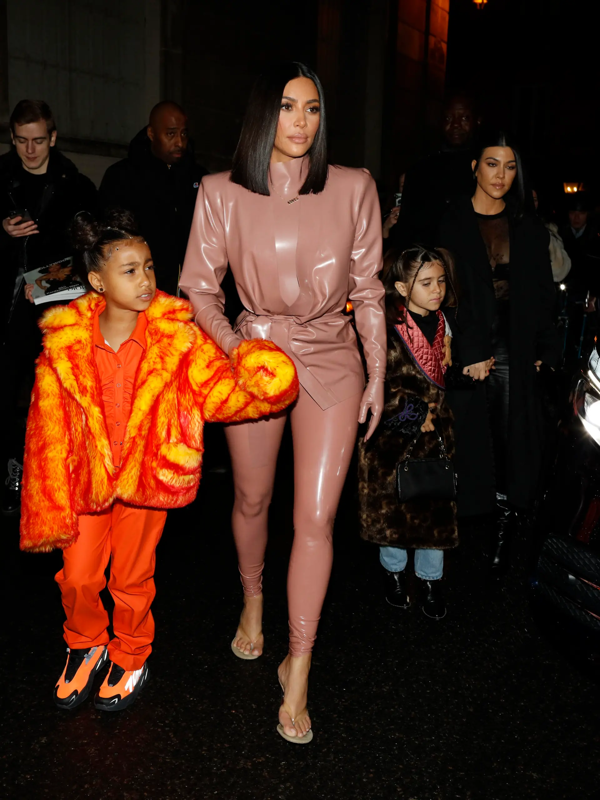 Kourtney Kardashian, daughter Penelope Disick, Kim Kardashian and daughter North West arrive at the Ferdi restaurant on March 01, 2020 in Paris, France. (Photo by Mehdi Taamallah/NurPhoto)