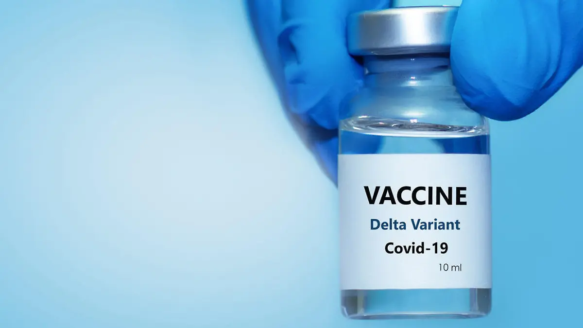 A doctor in medical gloves holds a bottle with coronavirus Covid19 Delta variant strain vaccine.The concept of medicine, healthcare and science.Coronavirus vaccine
