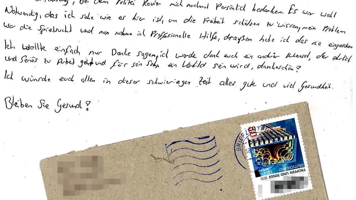 HANDOUT - 25.11.2021, Nordrhein-Westfalen, Bochum: Dieser Brief eines Häftlings hat das Bochumer Polizeipräsidium erreicht. Darin bedankt er sich für seine Festnahme. (zu dpa: Brief aus dem Knast: «Häftling bedankt sich bei der Polizei») Foto: Polizei Bochum/dpa +++ dpa-Bildfunk +++