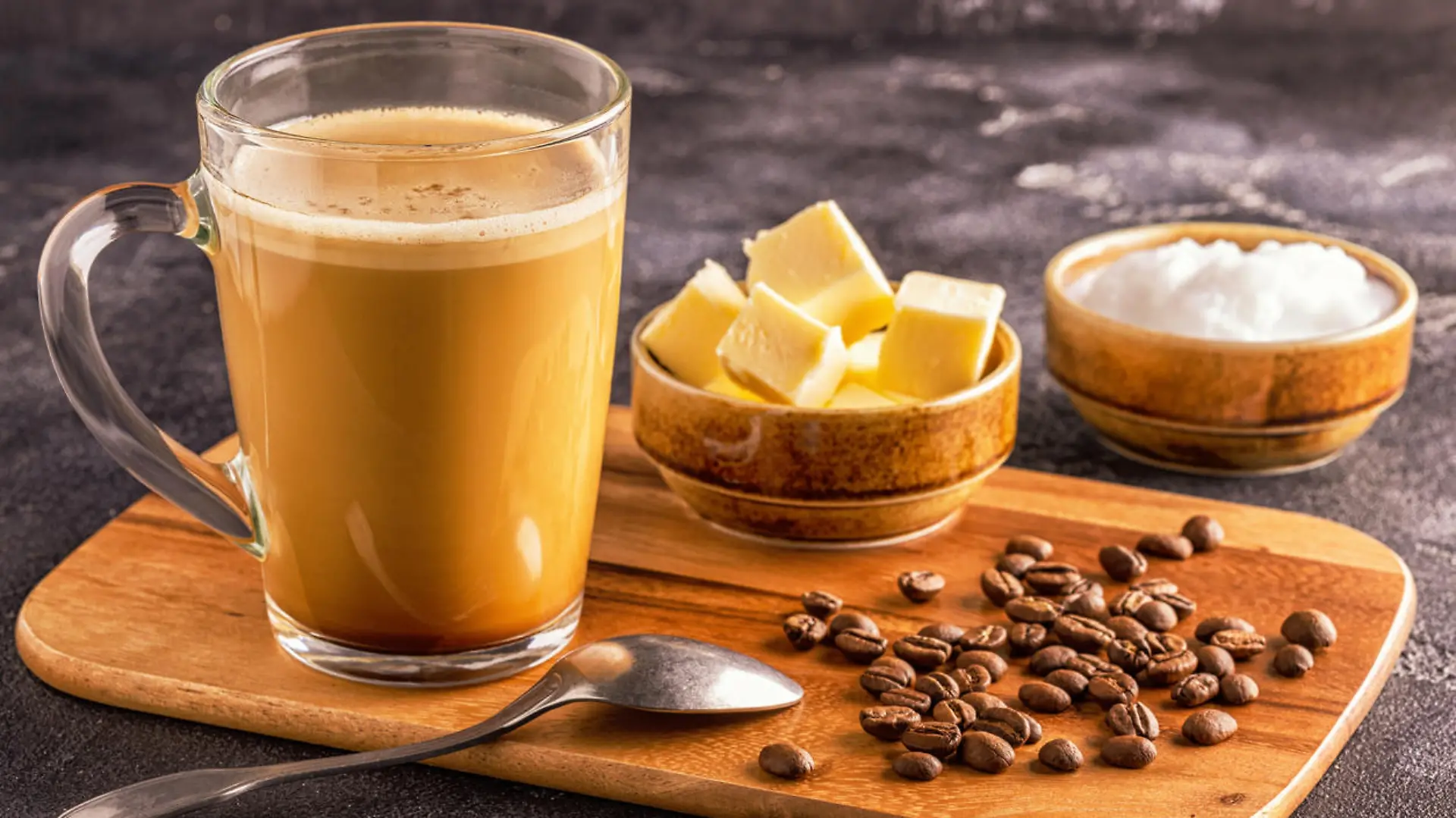 Bulletproof coffee, blended with organic  butter and MCT coconut oil, paleo, keto, ketogenic drink breakfast.