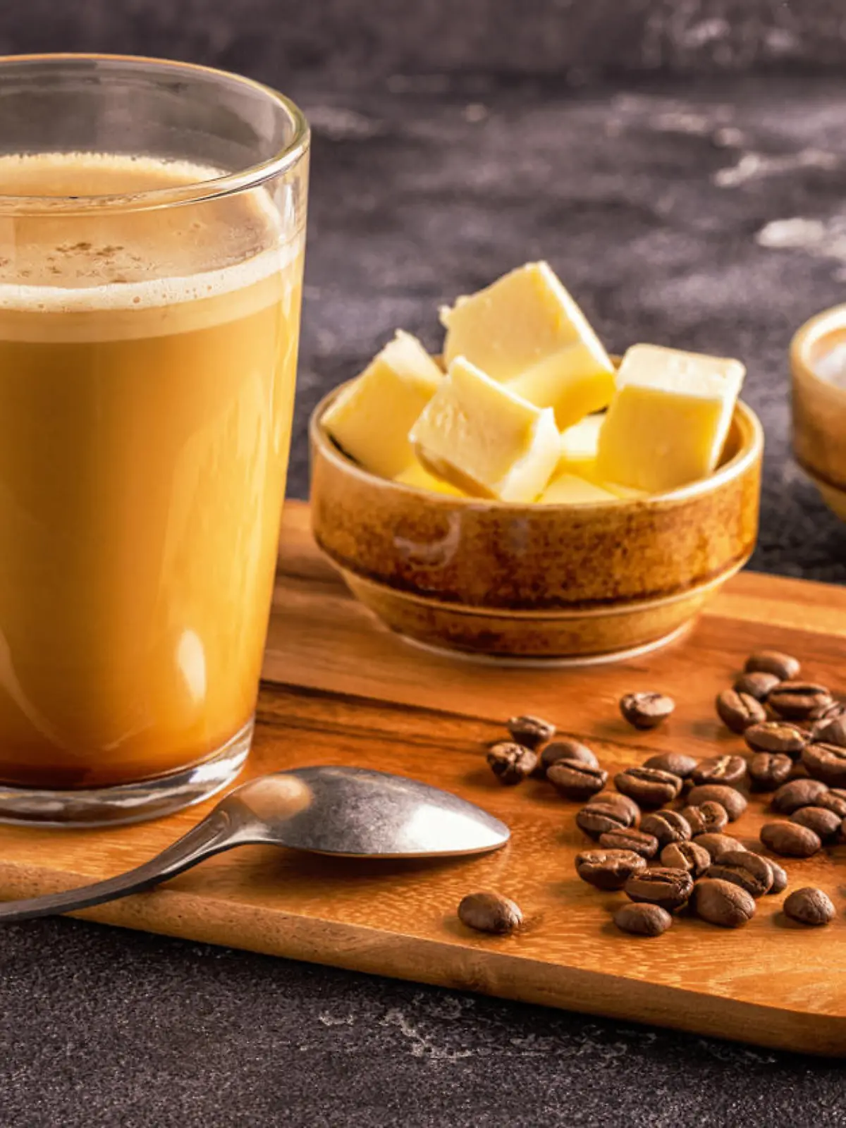 Bulletproof coffee, blended with organic  butter and MCT coconut oil, paleo, keto, ketogenic drink breakfast.