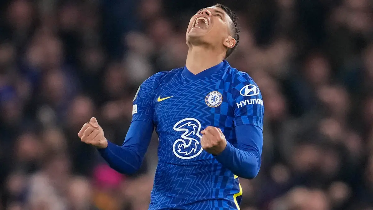 Chelsea's Thiago Silva celebrates after his teammate Reece James scored his side's second goal during the Champions League group H soccer match between Chelsea and Juventus at Stamford Bridge stadium in London, Tuesday, Nov. 23, 2021. (AP Photo/Matt Dunham)