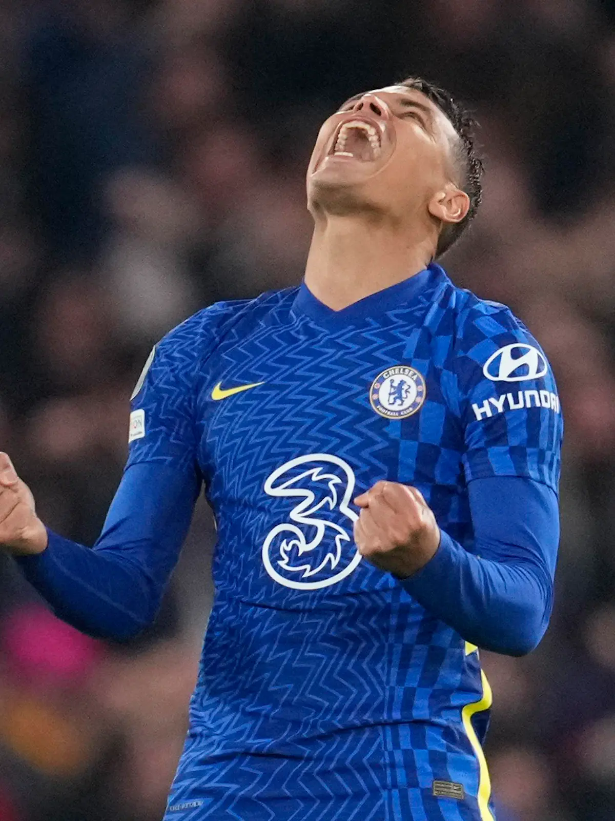 Chelsea's Thiago Silva celebrates after his teammate Reece James scored his side's second goal during the Champions League group H soccer match between Chelsea and Juventus at Stamford Bridge stadium in London, Tuesday, Nov. 23, 2021. (AP Photo/Matt Dunham)