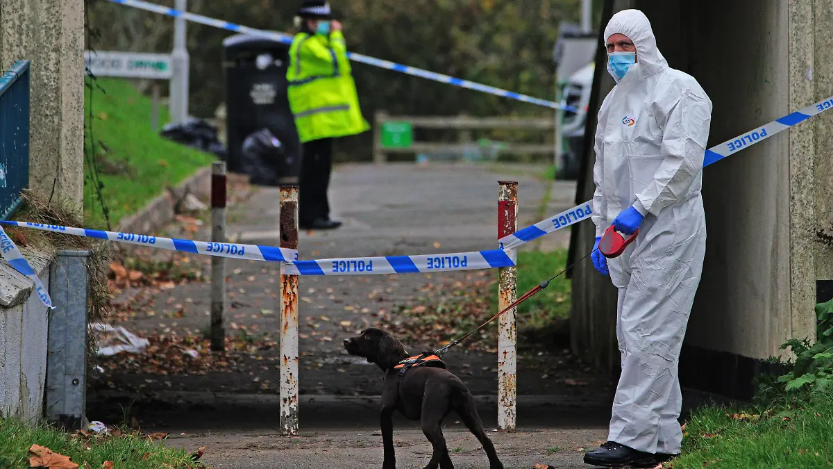 Bobbi-Anne McLeod missing. A crime scene investigator near Sheepstor Road in Plymouth, after the body of a woman was found in the hunt for missing Plymouth teenager Bobbi-Anne McLeod, who has not been seen since Saturday evening. Picture date: Wednesday November 24, 2021. Two men aged 24 and 26 have been arrested after the body of a woman was located during searches for the missing 18-year-old. See PA story POLICE McLeod. Photo credit should read: Ben Birchall/PA Wire URN:63926606