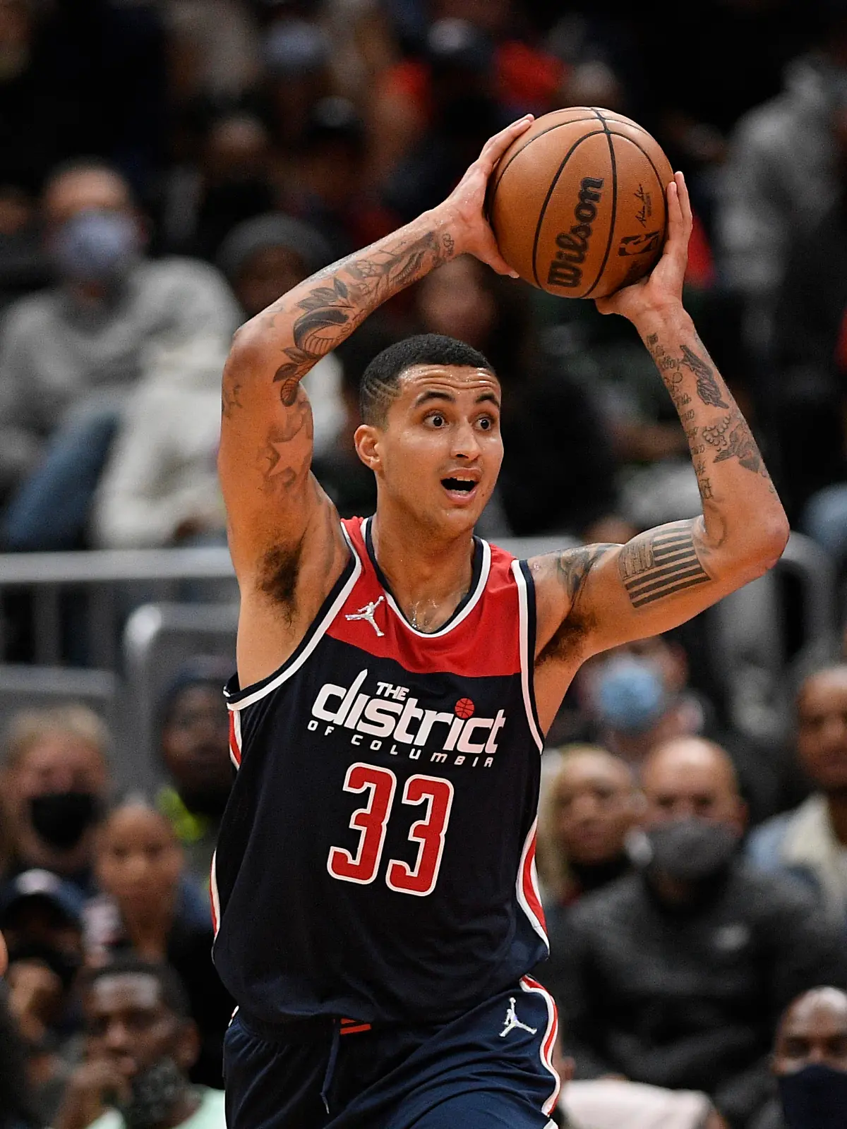 Washington Wizards forward Kyle Kuzma (33) in action during second half of an NBA basketball game against the Boston Celtics, Saturday, Oct. 30, 2021, in Washington. The Wizards won 115-112 in double overtime. (AP Photo/Nick Wass)