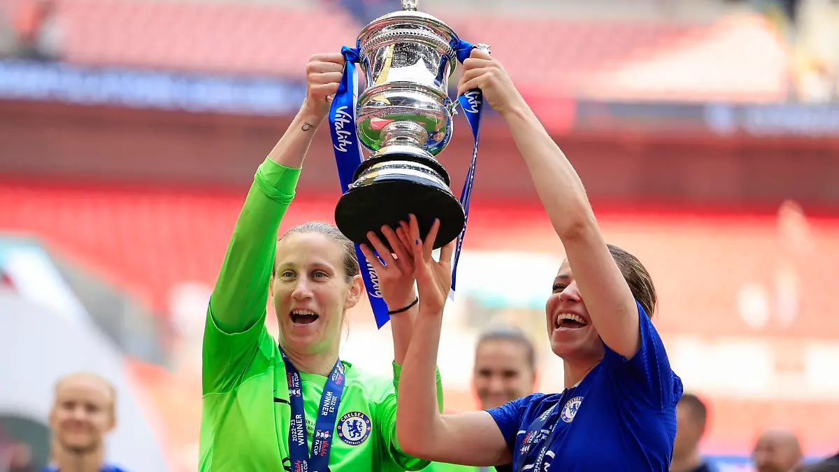 May 14, 2023, London, Greater London, United Kingdom: Ann-Katrin Berger and Melanie Leupolz of Chelsea celebrate with the trophy at the end of the Vitality Women's FA Cup Final match Chelsea FC Women vs Manchester United Women at Wembley Stadium, London, United Kingdom, 14th May 2023. (Credit Image: © Conor Molloy/News Images via ZUMA Press Wire) / action press