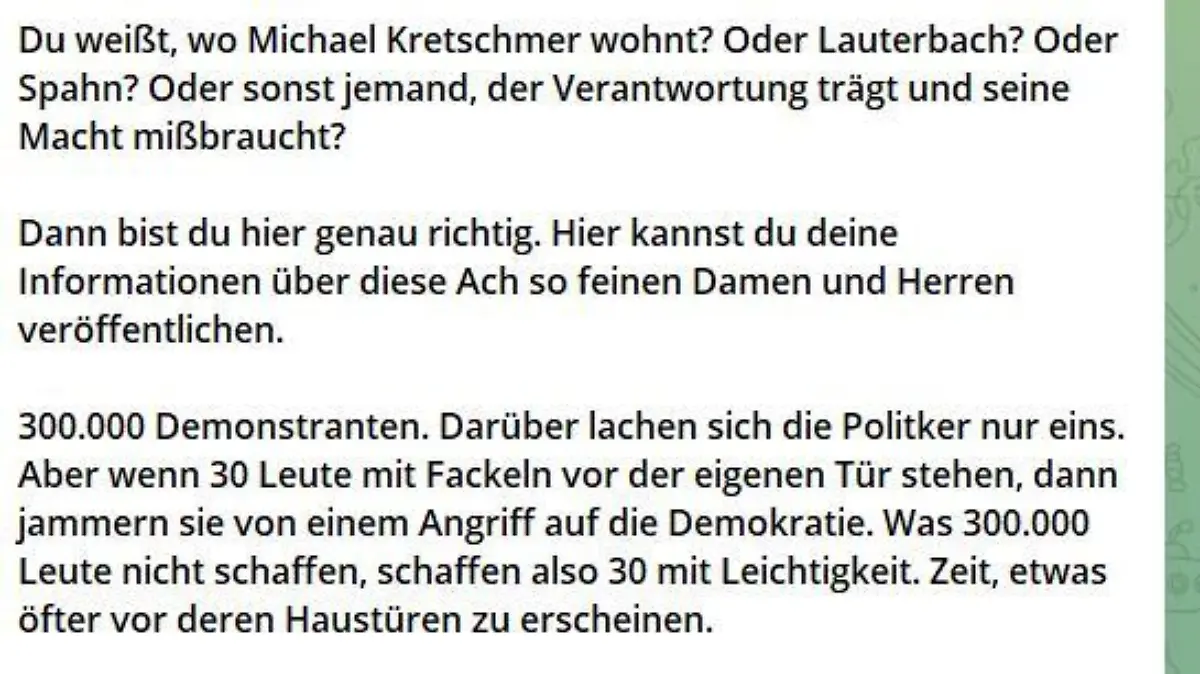 Aufruf zur Einschüchterung aus einem Telegram-Chat