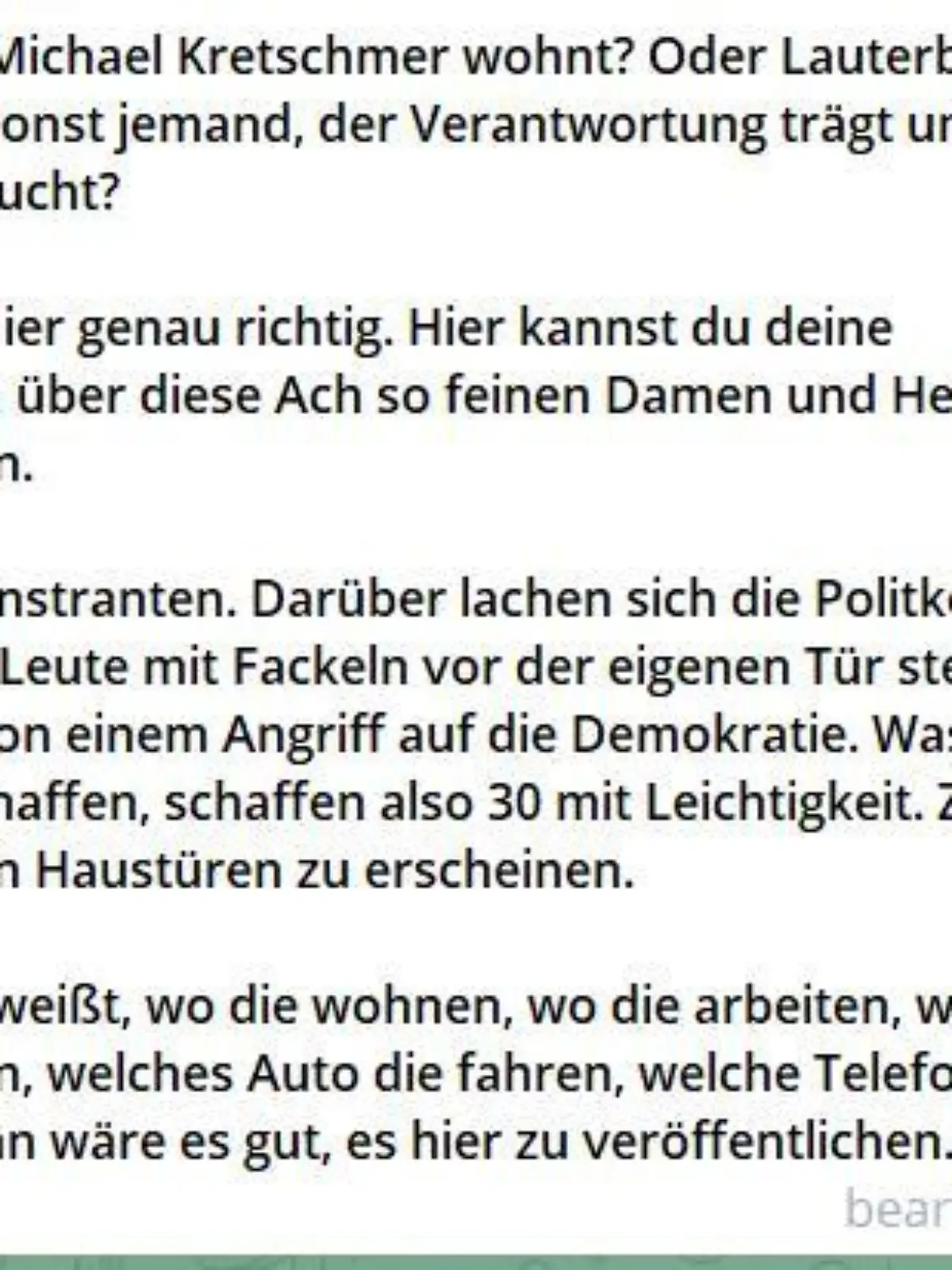Aufruf zur Einschüchterung aus einem Telegram-Chat