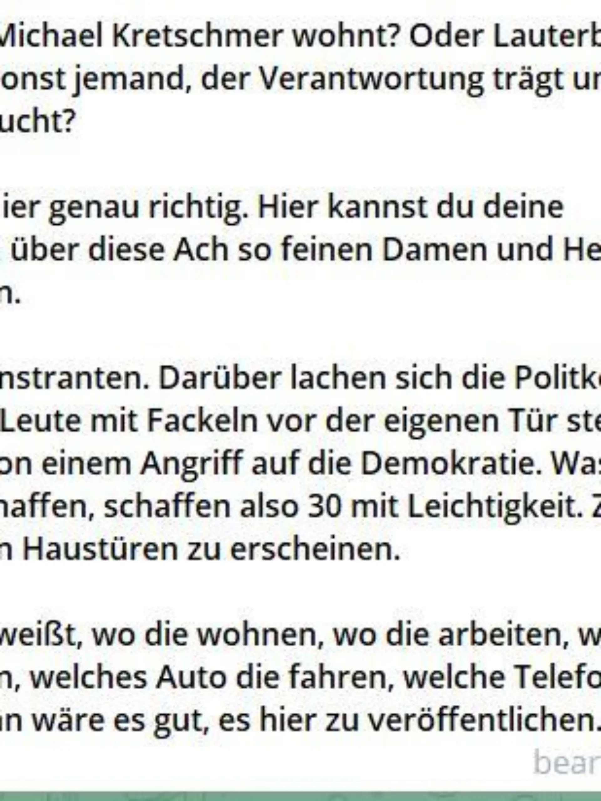 Aufruf zur Einschüchterung aus einem Telegram-Chat