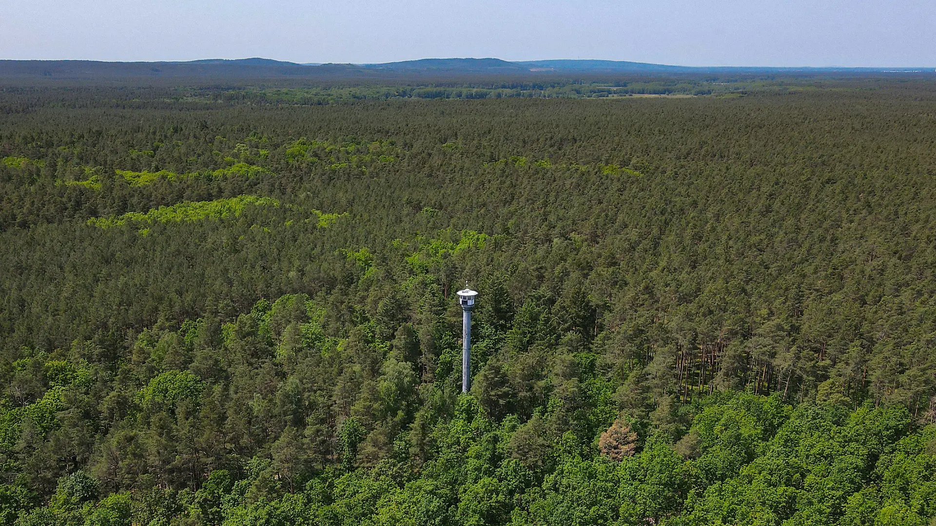 26.05.2023, Brandenburg, Briesen: Ein Feuerwachturm mit Funktechnik und Kamera zur Überwachung von Bränden ist in einem großen Waldgebiet nahe Briesen (Mark) vom Landesbetrieb Forst Brandenburg zu sehen (Luftaufnahme mit einer Drohne). Mit den steigenden Temperaturen nimmt jetzt auch in Brandenburg die Gefahr von Waldbränden wieder zu. Zwei Waldbrandzentralen in Wünsdorf (Teltow-Fläming) und Eberswalde (Barnim) überwachen das Geschehen im Land. Foto: Patrick Pleul/dpa +++ dpa-Bildfunk +++