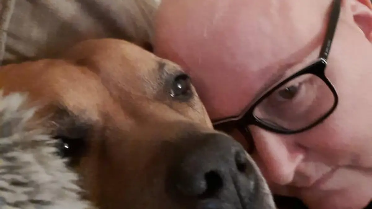 SONDERKONDITIONEN: Satzpreis!
 
Karen Ethier and Louie. See SWNS story SWFTcancer. A woman who saved a three-legged rescue dog says the pooch 'saved her' too - after it alerted her to a lump that turned out to be aggressive breast cancer. Karen Ethier, 55, was diagnosed with stage three triple negative breast cancer after her rescue hound, Louie, kept 'headbutting and nuzzling' her chest. The animal lover took herself to the GP where she received the shock diagnosis in October 2020 - undergoing intense chemotherapy, radiotherapy, and surgery. Karen fell in love with Louie - a mastiff and Staffordshire bull terrier cross - when she spotted him in the Bath Cats and Dogs Home, Somerset, in 2014 - after he had to have his leg amputated from neglect. 