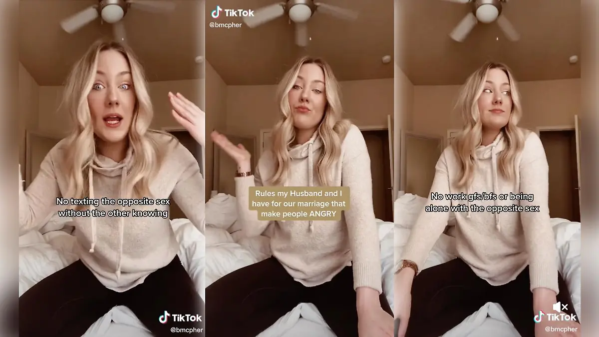 Bailey McPherson kniet auf ihrem Bett während sie mit ihren Followern konkrete Regeln für ihre Ehe teilt.