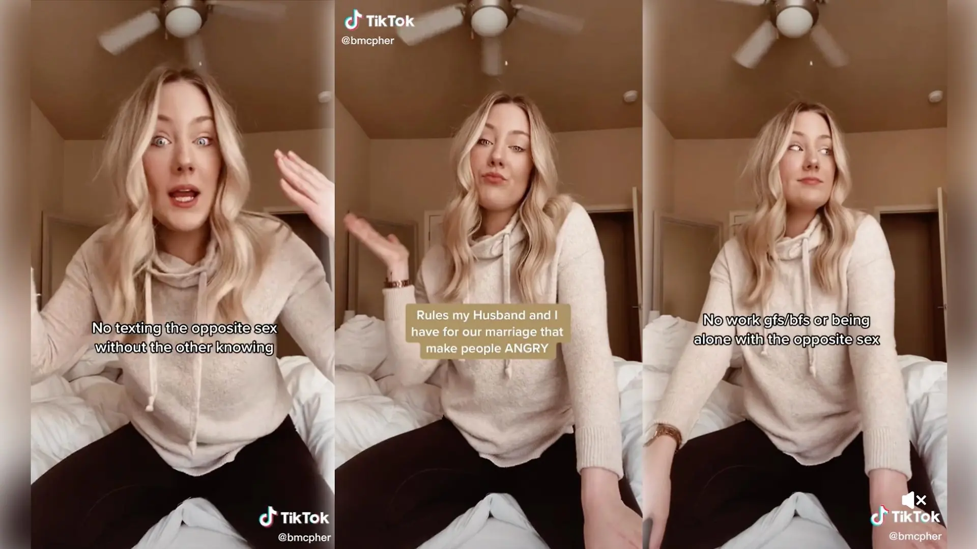 Bailey McPherson kniet auf ihrem Bett während sie mit ihren Followern konkrete Regeln für ihre Ehe teilt.
