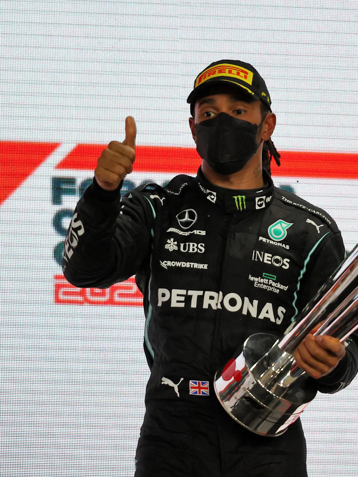 Qatar Grand Prix - Race - Losail International Circuit. Race winner Lewis Hamilton (GBR) Mercedes AMG F1 celebrates on the podium. Qatar Grand Prix, Sunday 21st November 2021. Doha, Qatar. URN:63873184