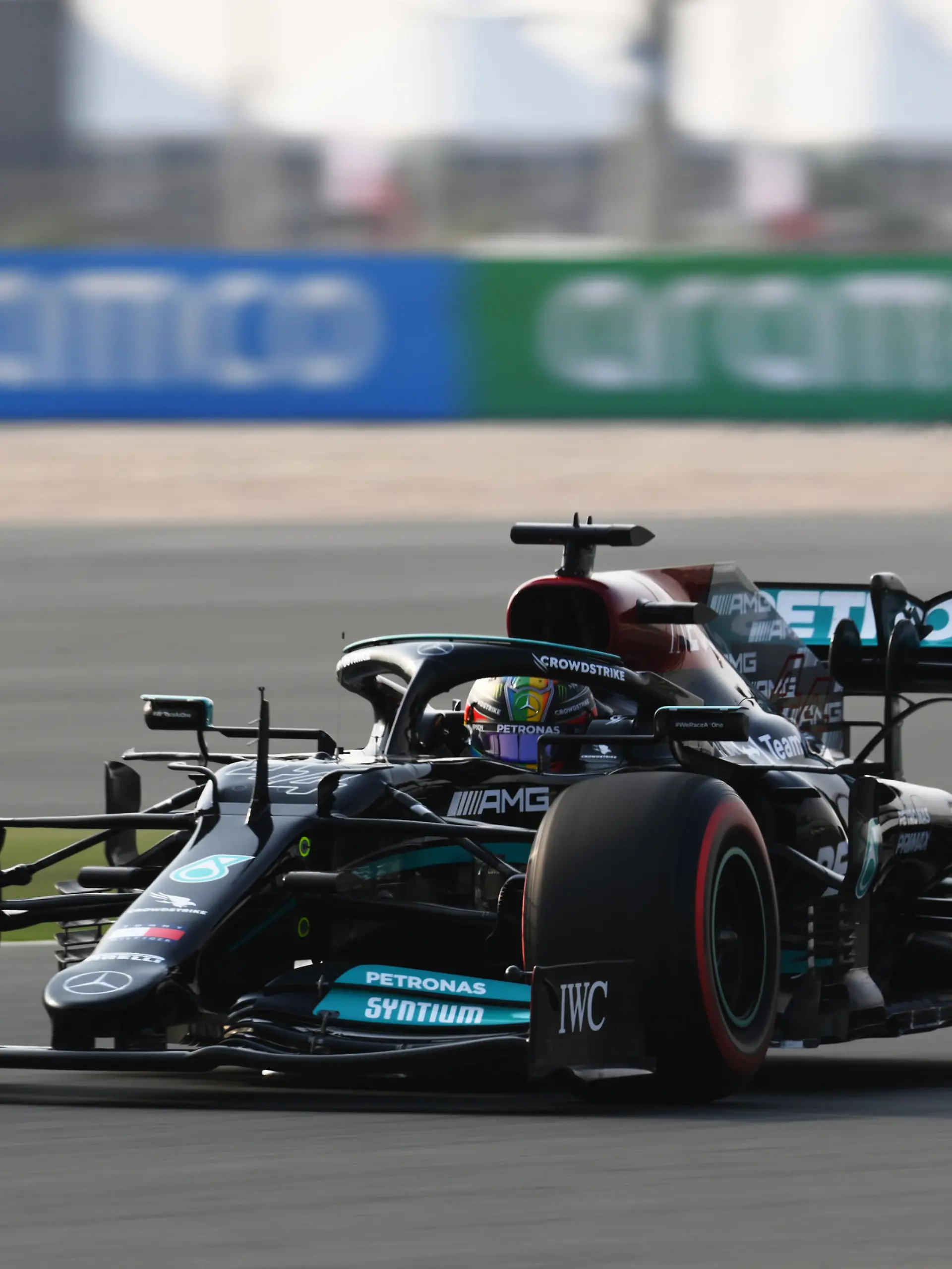 DOHA, QATAR - NOVEMBER 20: Lewis Hamilton of Great Britain driving the (44) Mercedes AMG Petronas F1 Team Mercedes W12 during final practice ahead of the F1 Grand Prix of Qatar at Losail International Circuit on November 20, 2021 in Doha, Qatar. (Photo by Clive Mason/Getty Images)