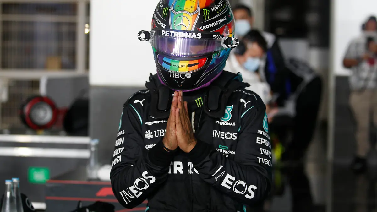 Mercedes driver Lewis Hamilton of Britain reacts after qualifying session qualifying session in Lusail, Qatar, Saturday, Nov. 20, 2021 ahead of the Qatar Formula One Grand Prix. (Hamad I Mohammed, Pool via AP)