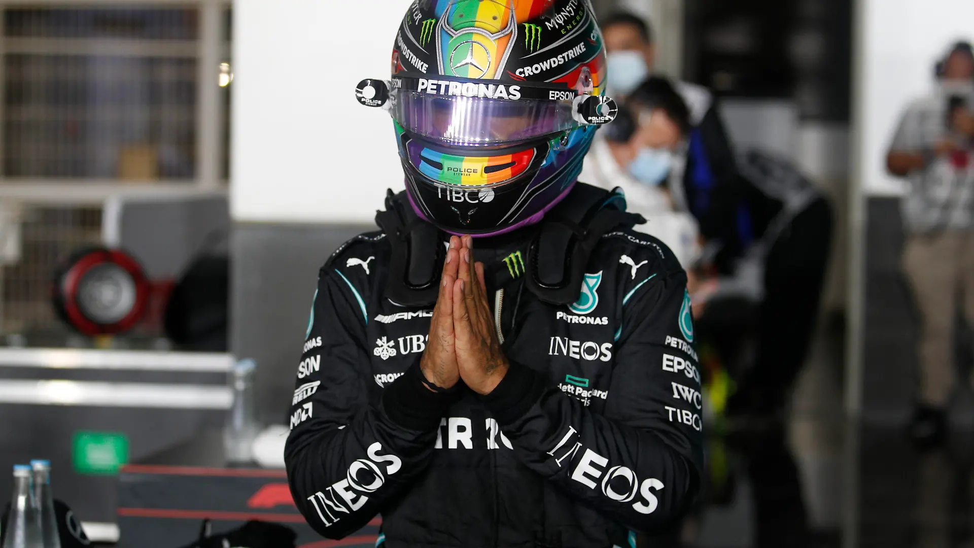 Mercedes driver Lewis Hamilton of Britain reacts after qualifying session qualifying session in Lusail, Qatar, Saturday, Nov. 20, 2021 ahead of the Qatar Formula One Grand Prix. (Hamad I Mohammed, Pool via AP)