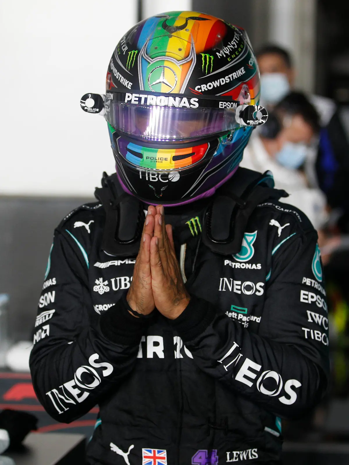 Mercedes driver Lewis Hamilton of Britain reacts after qualifying session qualifying session in Lusail, Qatar, Saturday, Nov. 20, 2021 ahead of the Qatar Formula One Grand Prix. (Hamad I Mohammed, Pool via AP)