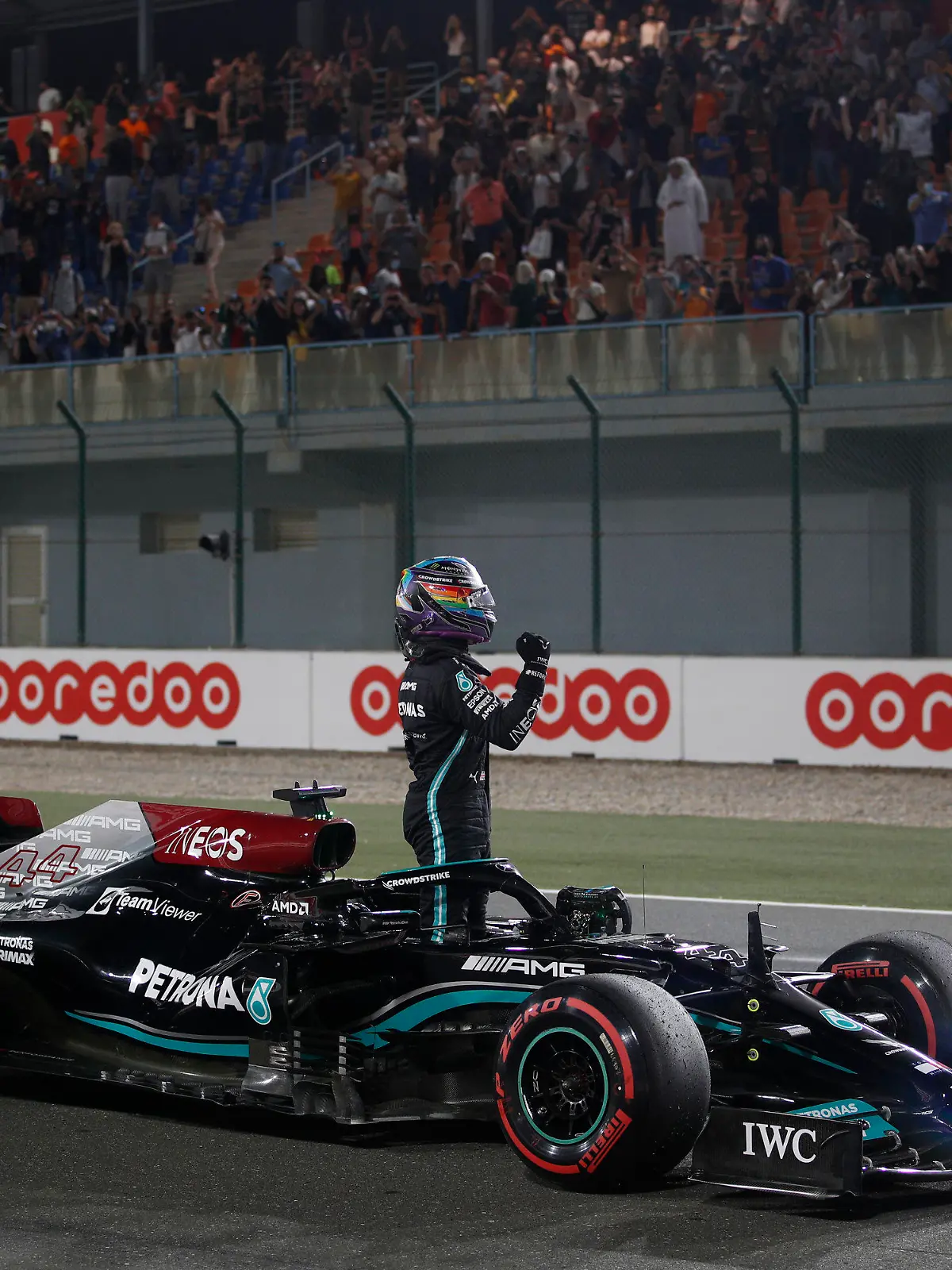 Mercedes driver Lewis Hamilton of Britain reacts after qualifying session qualifying session in Lusail, Qatar, Saturday, Nov. 20, 2021 ahead of the Qatar Formula One Grand Prix. (Hamad I Mohammed, Pool via AP)