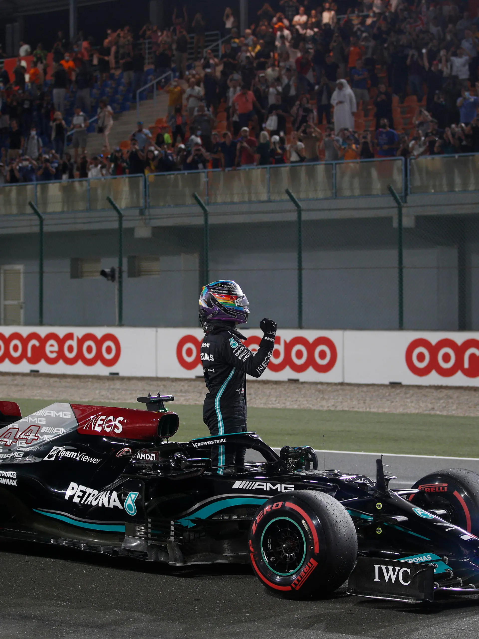 Mercedes driver Lewis Hamilton of Britain reacts after qualifying session qualifying session in Lusail, Qatar, Saturday, Nov. 20, 2021 ahead of the Qatar Formula One Grand Prix. (Hamad I Mohammed, Pool via AP)