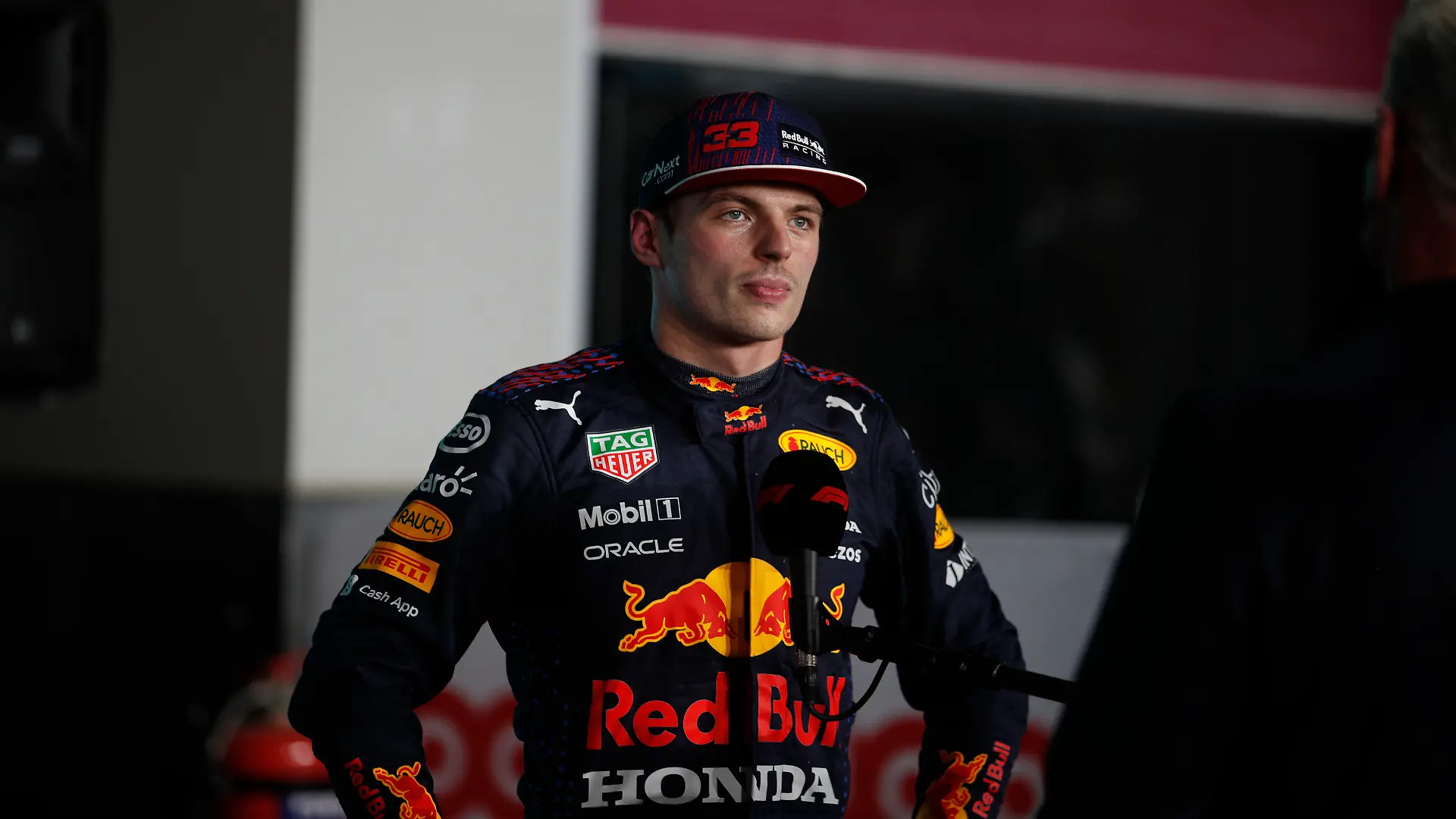 Red Bull driver Max Verstappen of the Netherlands talks to media after qualifying session qualifying session in Lusail, Qatar, Saturday, Nov. 20, 2021 ahead of the Qatar Formula One Grand Prix. (Hamad I Mohammed, Pool via AP)