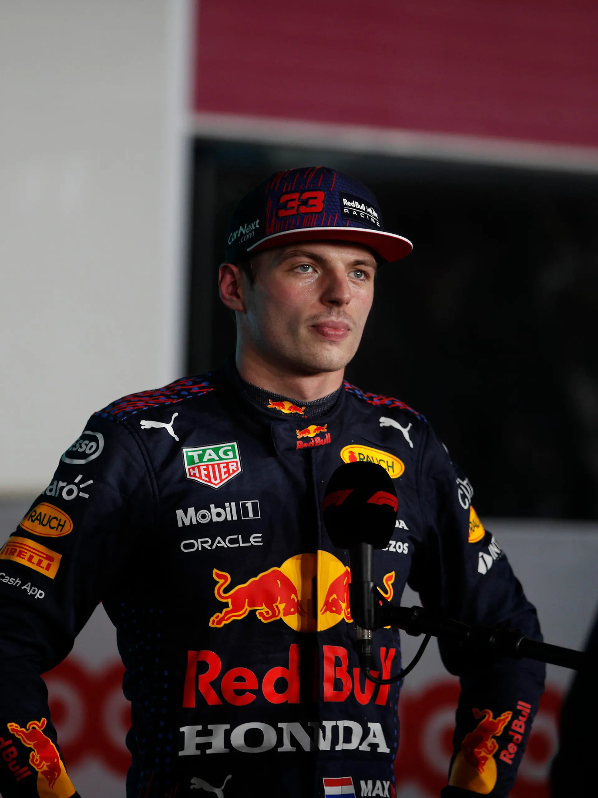 Red Bull driver Max Verstappen of the Netherlands talks to media after qualifying session qualifying session in Lusail, Qatar, Saturday, Nov. 20, 2021 ahead of the Qatar Formula One Grand Prix. (Hamad I Mohammed, Pool via AP)