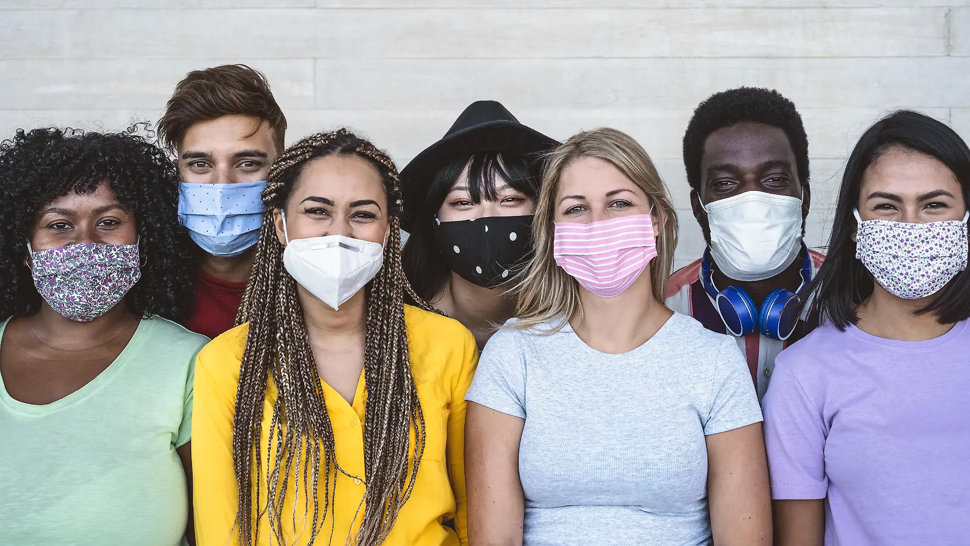 Group young people wearing face mask for preventing corona virus outbreak - Millennial friends with different age and culture portrait - Coronavirus disease and youth multi ethnic concept