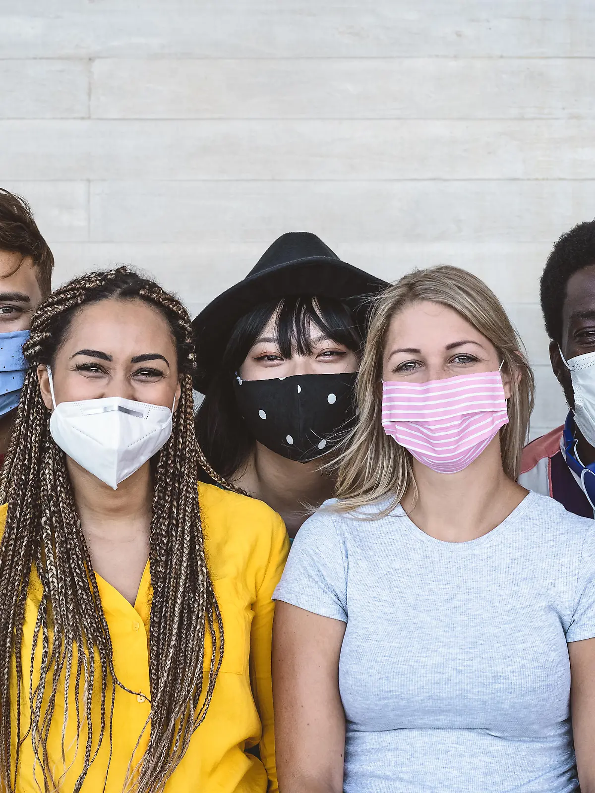 Group young people wearing face mask for preventing corona virus outbreak - Millennial friends with different age and culture portrait -  Coronavirus disease and youth multi ethnic concept