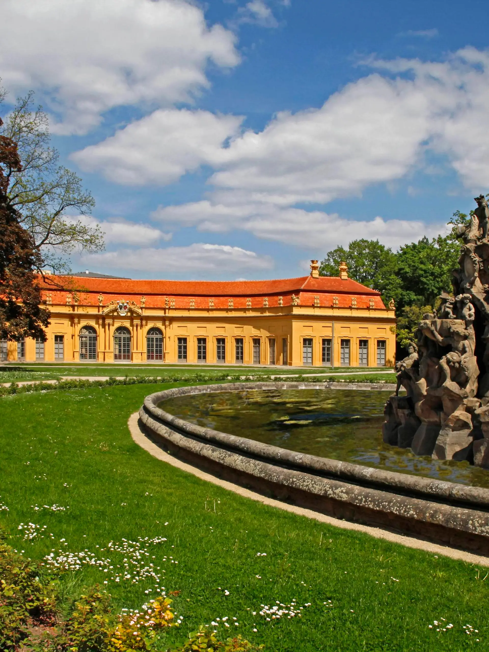 Schlossgarten, Hugenottenbrunnen, Orangerie, Erlangen, Bayern, Deutschland