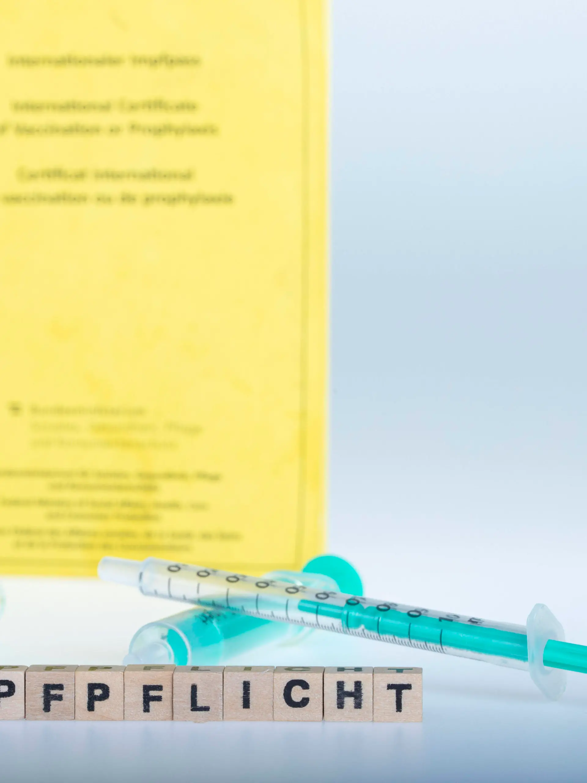  Coronavirus: Impfungen und Impfpass *** Corona virus: Vaccinations and vaccination certificate Aufgrund der Verbreitung des Coronavirus und der neueren und höher ansteckenden Deltavariante wird seitens der Regierung eine hohe Durchimpfungsrate der Bevölkerung angestrebt. Auch wird über eine Impfpflicht für spezielle Berufsgruppen diskutiert. Im Bild: Spritzen und Kanülen liegen mit Buchstabenwürfel ,,Impfpflicht vor gelbem Impfpass. Wien, Österreich. 25.07.2021 *** Due to the spread of the corona virus and the new delta variation the Austrian government focuses a high level of vaccination coverage of the population. Mandatory vaccinations for specific professional groups are discussed. Picture: Injection and letter cubes ,,Impfpflic PUBLICATIONxNOTxINxAUT