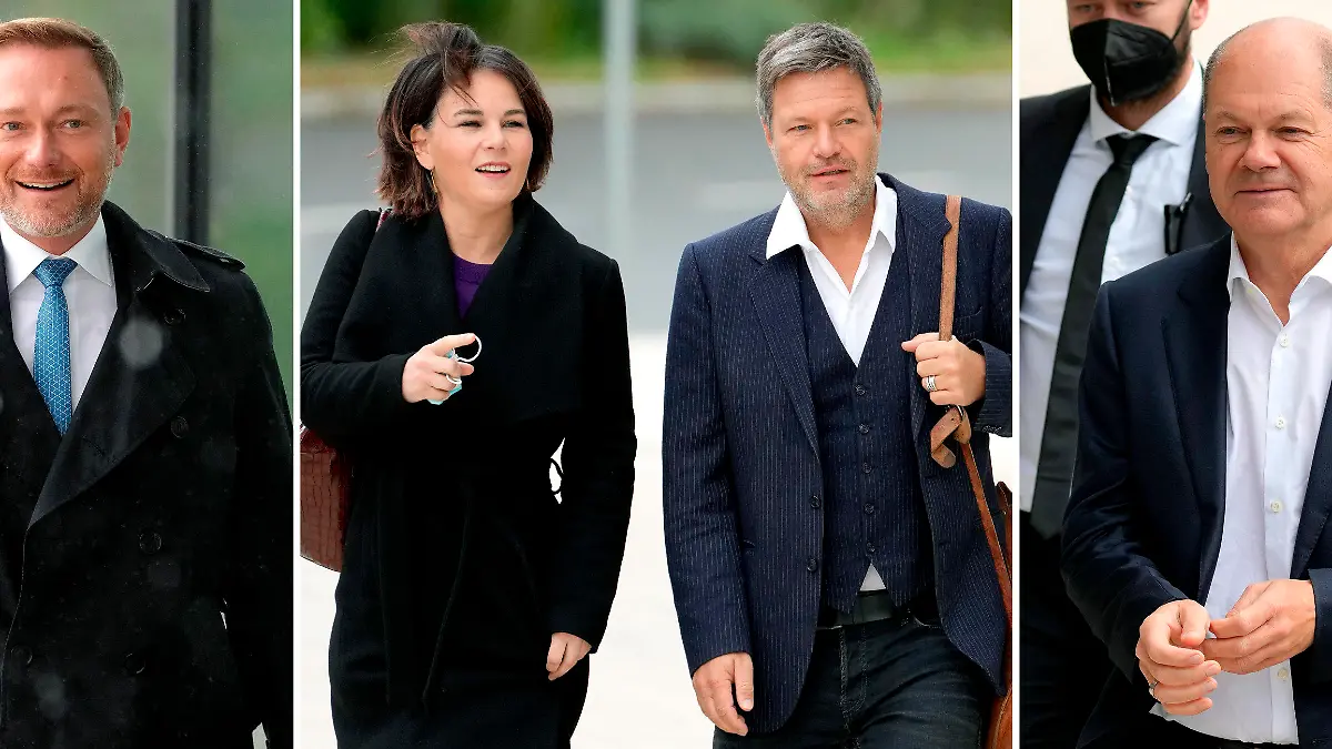 FILE -- Our combination picture shows from left, Christian Lindner, chairman of the German Liberals (FDP), Annalena Baerbock, co-chairwoman of the German Green party (Die Gruenen), Robert Habeck, co-chairman of the German Green party (Die Gruenen) and Olaf Scholz of the German Social Democratic Party (SPD), as they arrive for coalition negotiations in Berlin, Germany, Thursday, Oct. 21, 2021. The three German parties said Tuesday that they hope to clinch a deal next week to form a new government, allowing center-left leader Olaf Scholz to become the country's new leader in early December. (AP Photos/Michael Sohn, file)