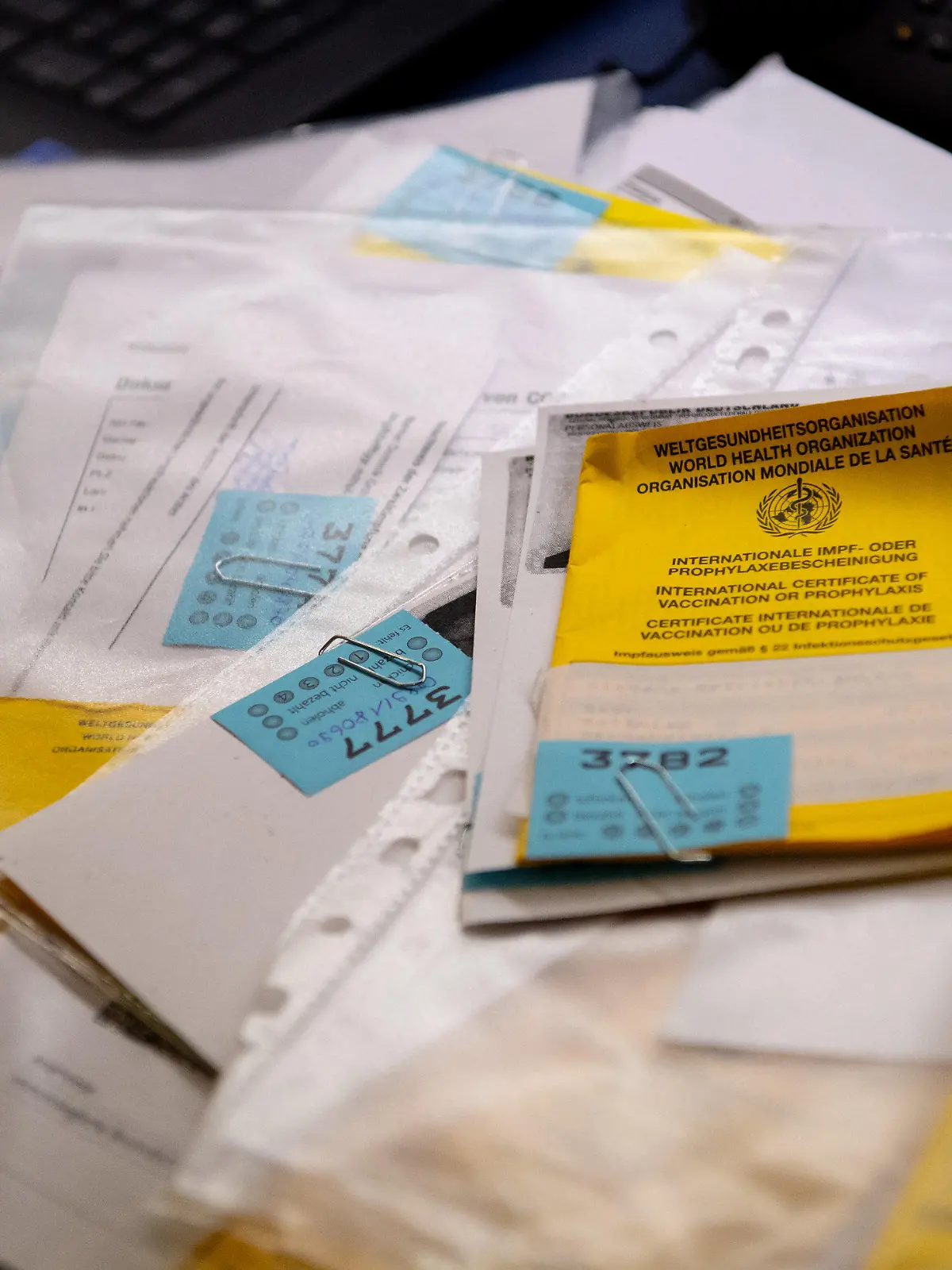 ARCHIV - 14.06.2021, München: Zahlreiche Impfpässe liegen in einer Apotheke in einem Büro auf einem Tisch. (zu: "150 Euro für Impfpass-Fälschung - Polizei ermittelt in vielen Fällen") Foto: Sven Hoppe/dpa +++ dpa-Bildfunk +++